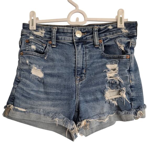 American Eagle "Hi-Rise Shortie" Destructed Distressed Jean Shorts | Size 4 - Picture 1 of 10
